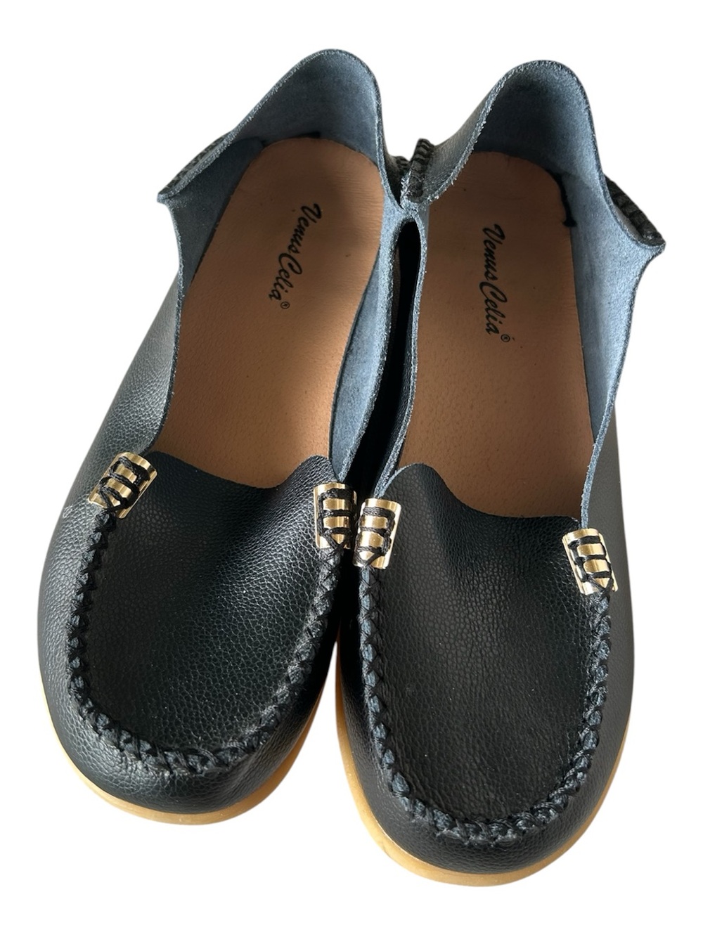 VenusCelia Women's Comfort Walking on Clouds Black Leather Flat Loafers Size 40